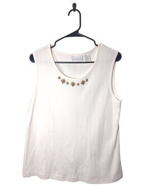 Alfred Dunner Womens White Sleeveless Top With Beaded Floral Neckline Size M Cot